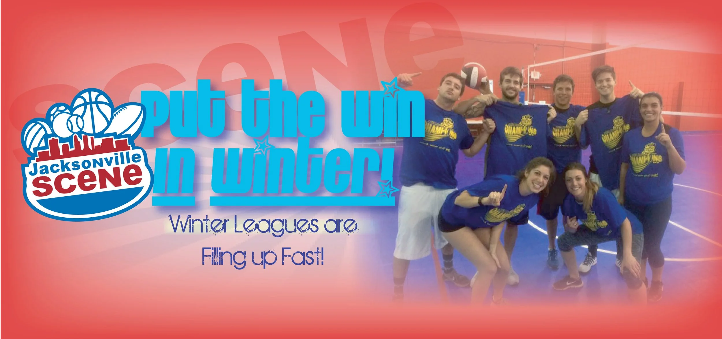 Group of volleyball players celebrating, wearing blue shirts with a yellow volleyball logo, on an indoor court with a red and blue background, promoting winter volleyball leagues in Jacksonville.