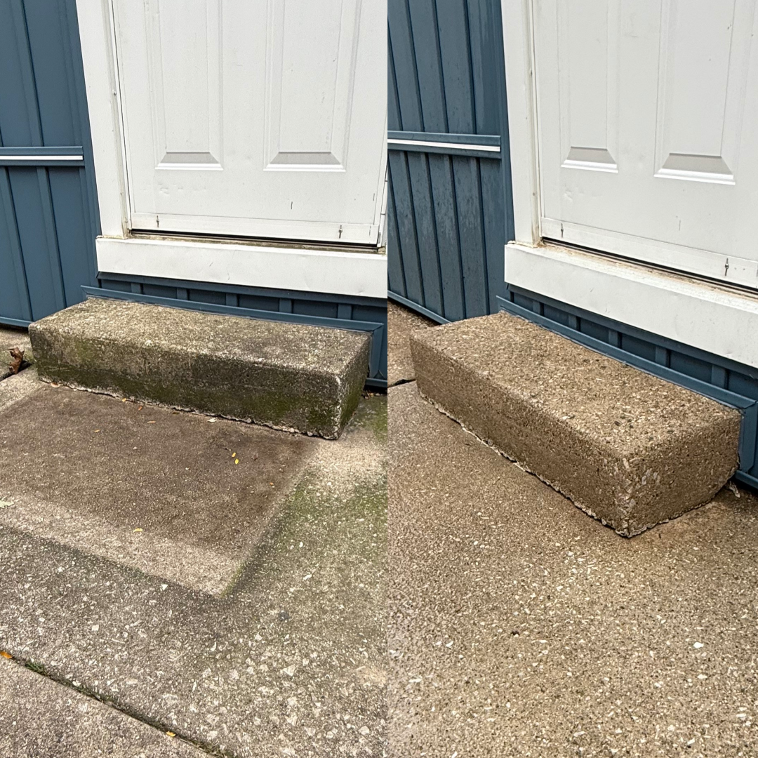 Comparison of a weathered concrete step with moss and a clean concrete step in front of a white door on blue siding