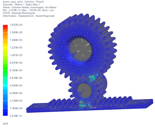 Finite element analysis image showing a gear mechanism with stress distribution, using a color scale from blue to red indicating low to high stress levels.