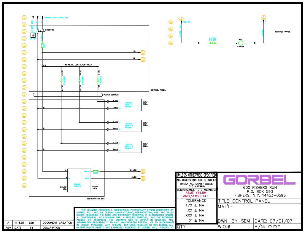 Electrical control panel schematic diagram with wiring and components.