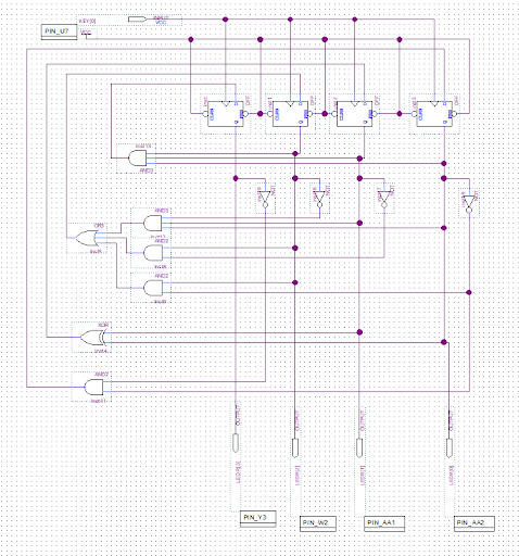 Electrical circuit diagram with logic gates, switches, and connections.