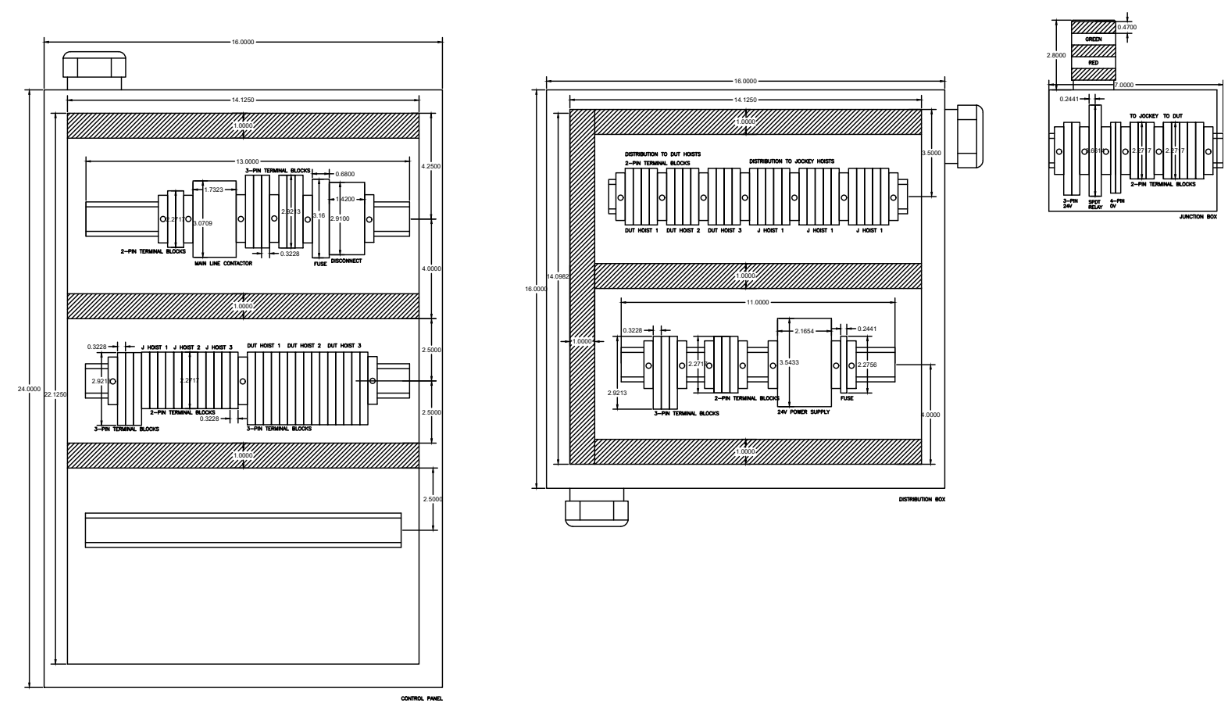 Technical blueprint of an electrical control panel with detailed wiring and component layout, including terminal blocks, fuses, distribution blocks, and power supplies.