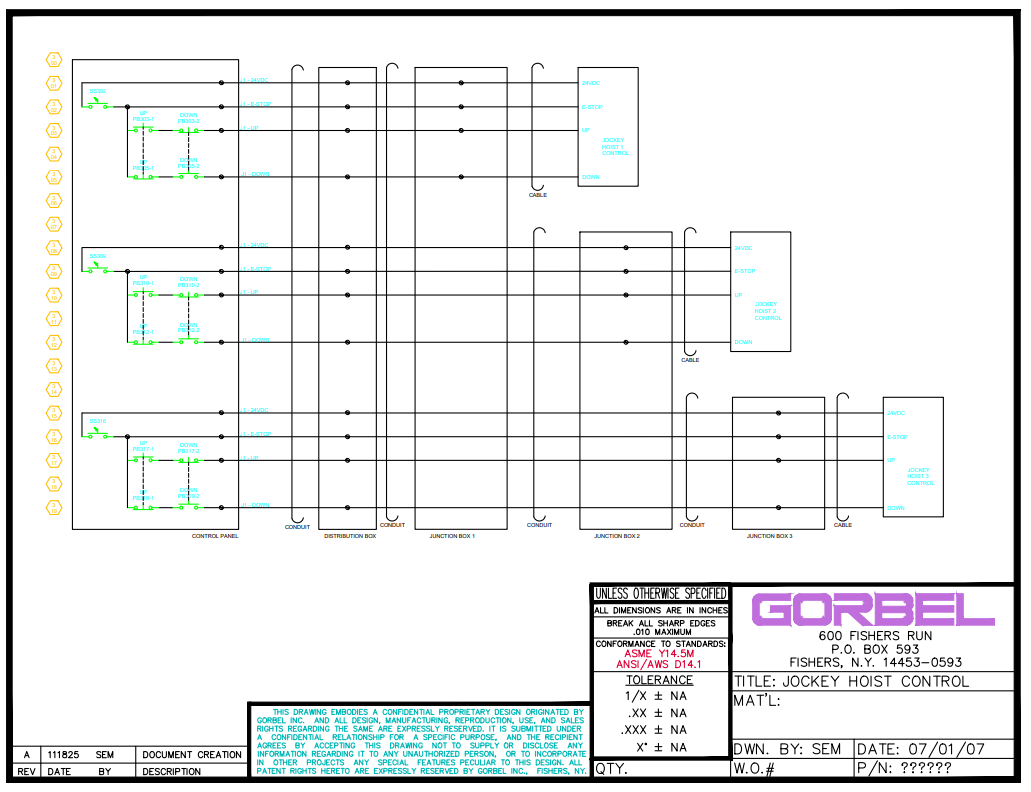 Electrical schematic diagram for Jockey Hoist Control system, showing wiring and component connections for three hoists, control panels, junction boxes, and distribution boxes.