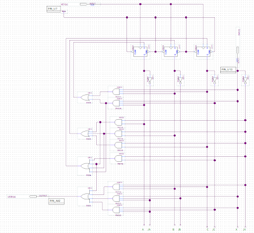 Digital circuit schematic with logic gates, multiplexers, and connections.