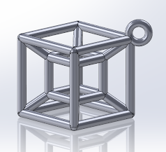3D metallic wireframe cube with a small attached loop on top