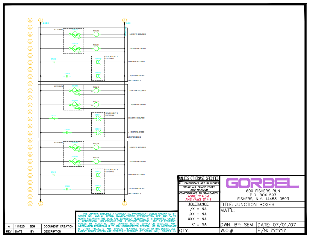 Diagram of electrical junction boxes with relay switches, sensors, DC power sources, and connection labels.