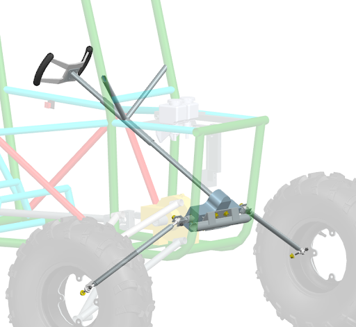 Colorful off-road vehicle chassis with large tires and structural components.