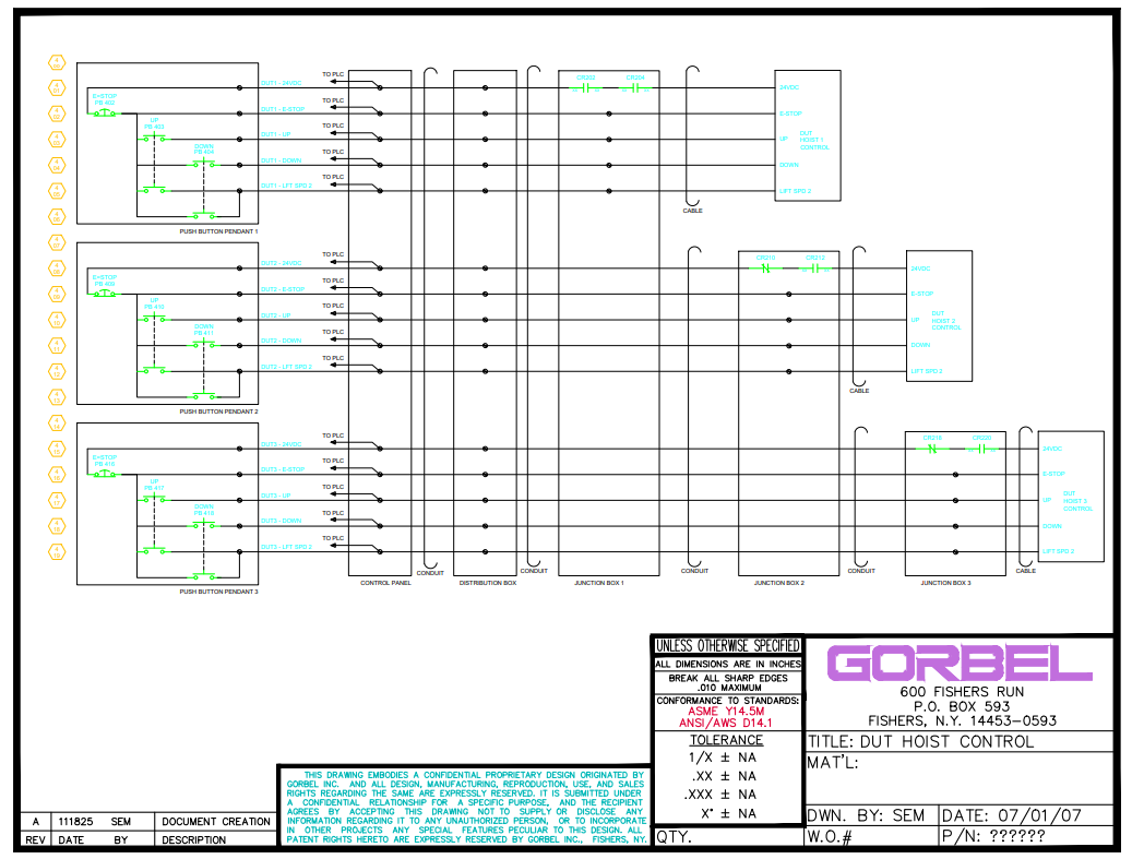 Electrical schematic diagram for DUT hoist control system, showing relays, switches, and control panels.