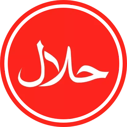 Red circular symbol with white Arabic text that reads 'Halal'.
