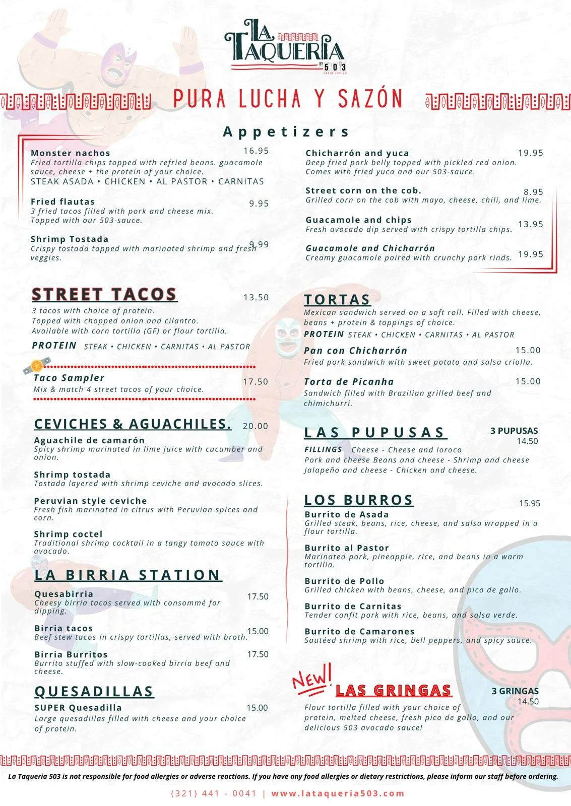 Menú de La Taquería 503 con opciones de tacos, nachos, ceviches, aguachiles, tortas, placas, burritos, quesadillas y nuevas gringas, con precios y descripciones.