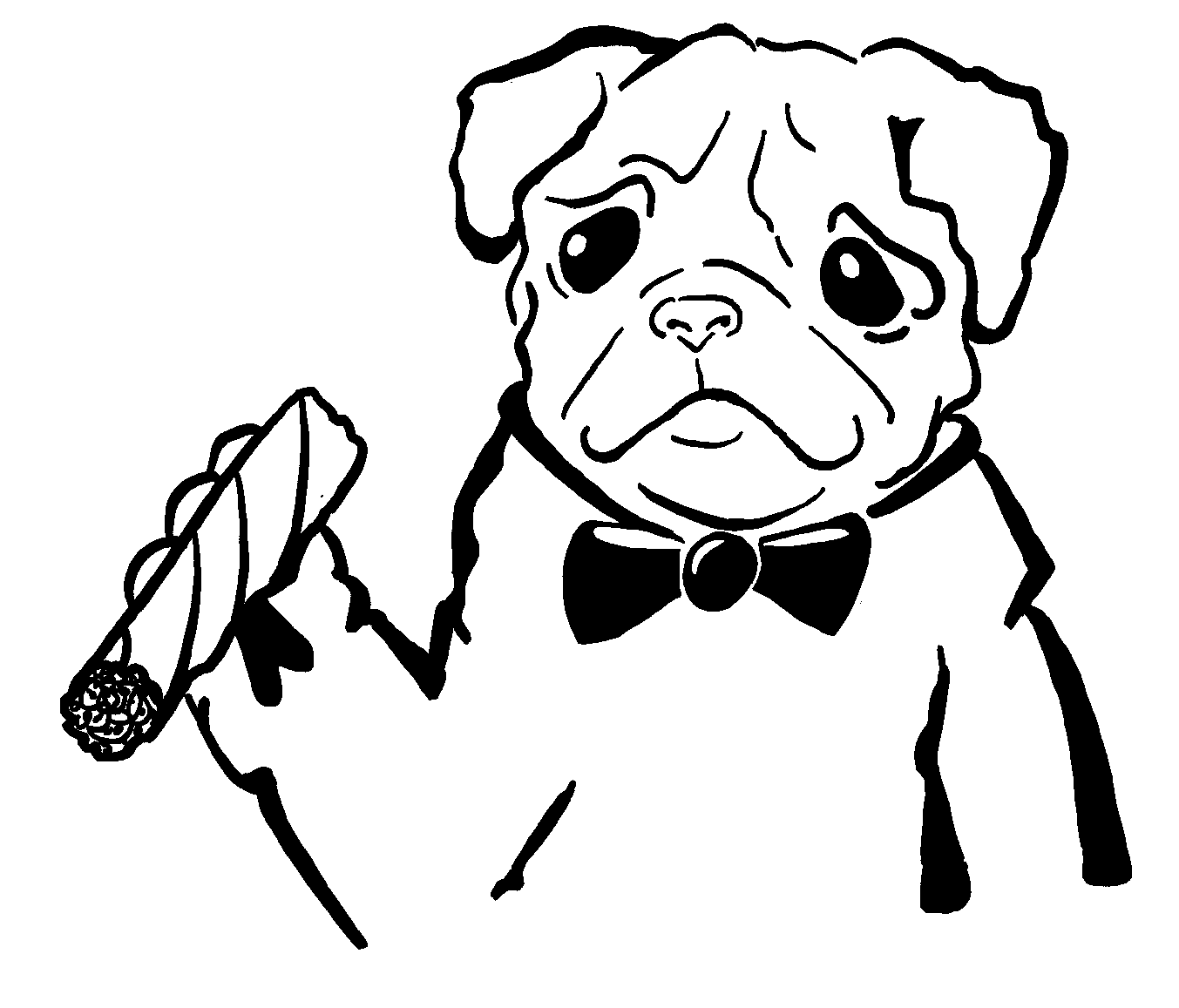 Black and white line drawing of a pug dog wearing a bow tie, holding a feather with a flower on the tip.