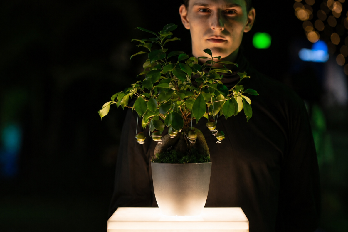 A young man in a black outfit holding a lit platform with a potted green plant, illuminated in a dark setting with blurred colorful lights in the background.