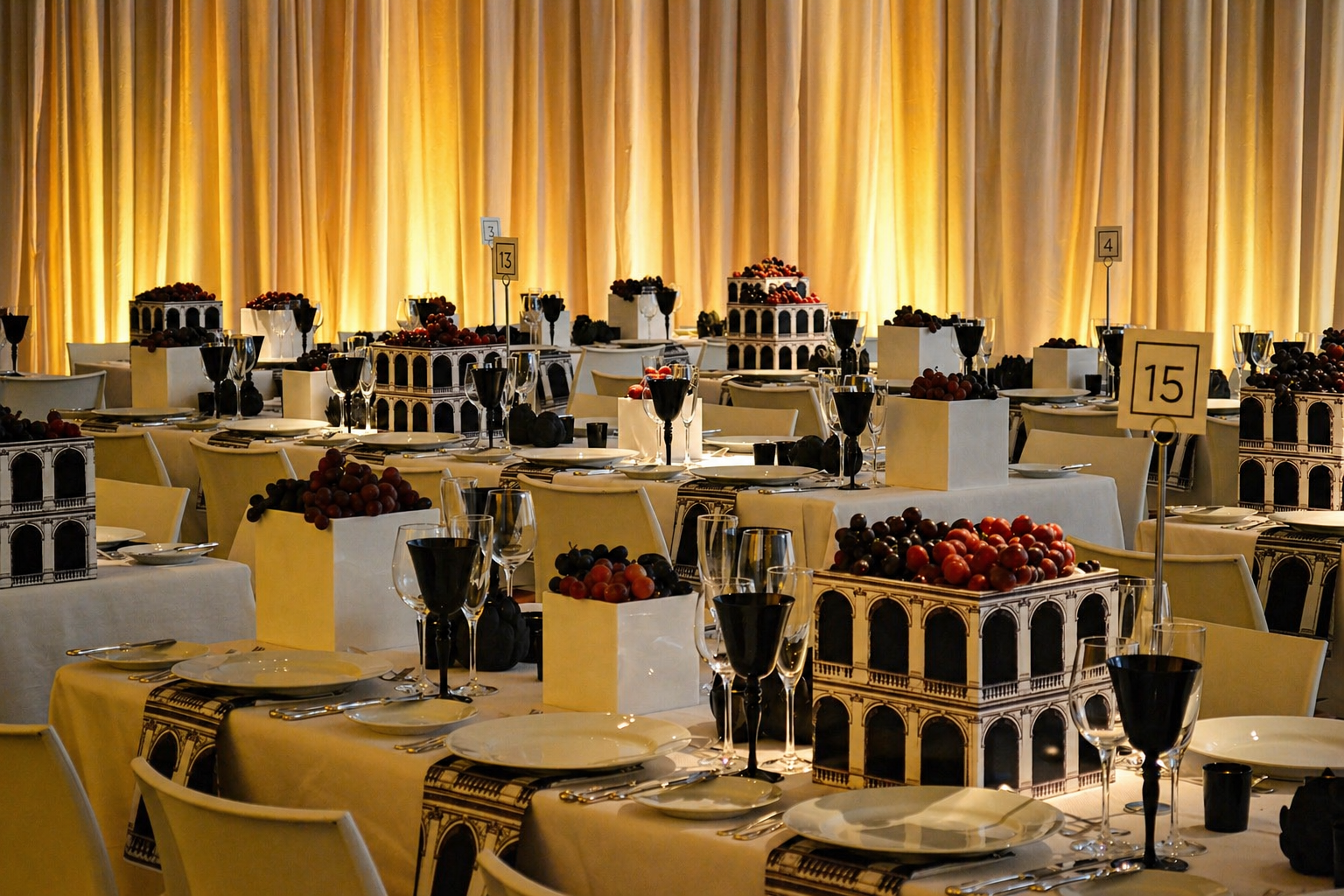 Elegant banquet table setting with white tablecloths, black glasses, and decorative cityscape-themed centerpieces, in a warmly lit room with golden curtains.