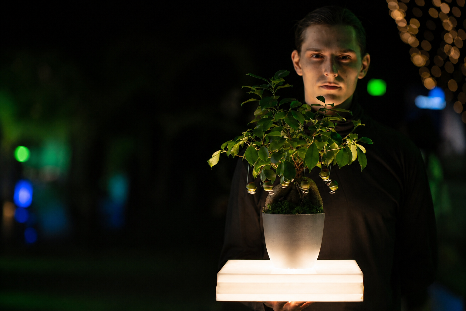 A young man in a black outfit holding a lit platform with a potted green plant, illuminated in a dark setting with blurred colorful lights in the background.