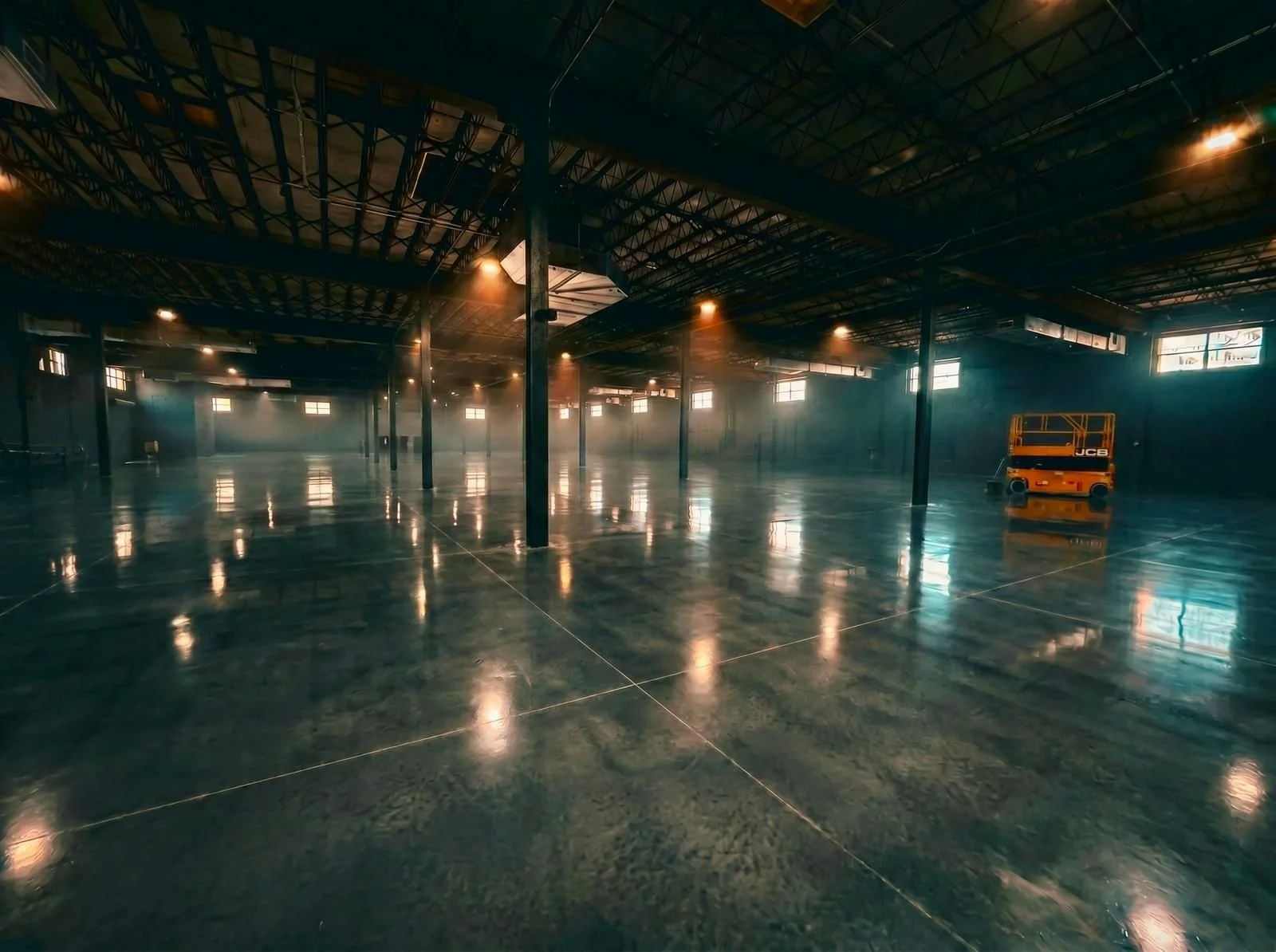 Large empty warehouse with minimal columns and black flooring and black walls