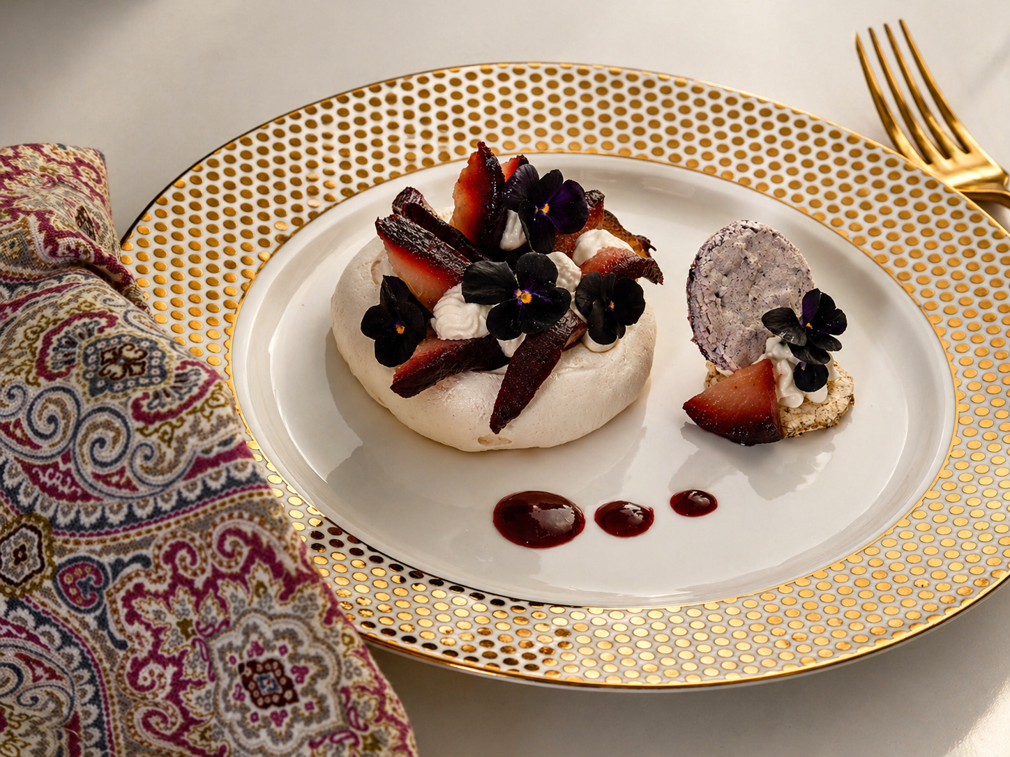 Elegant plated dessert with white meringue base topped with strawberries, black edible flowers, whipped cream, purple crispy decoration, and red sauce drops on a gold-rimmed plate, next to a patterned cloth napkin and gold fork.
