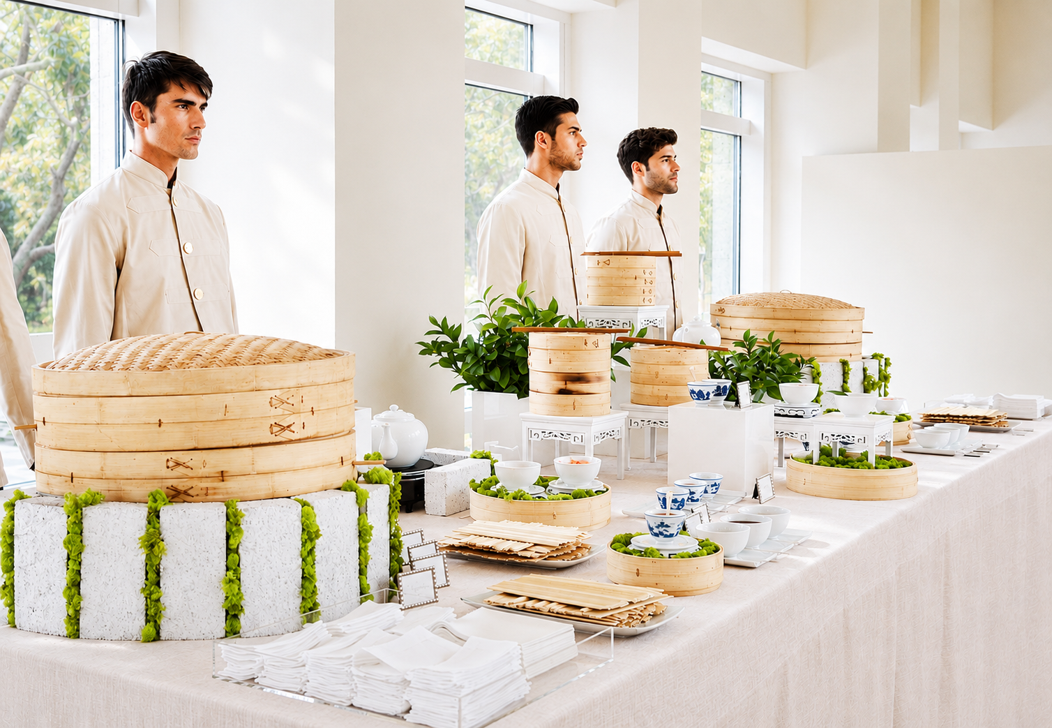 A long buffet table displays various bamboo steamers, dishware, and decorative plants at a bright, modern venue with large windows and white walls.