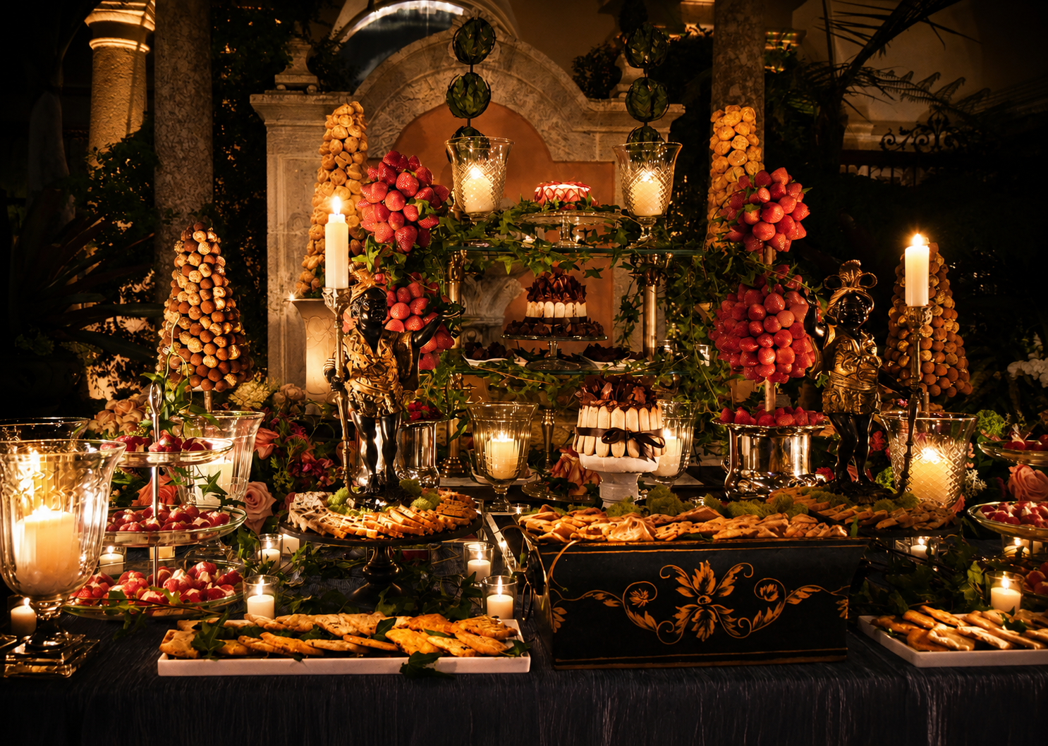 An elaborately decorated feast table featuring tiers of desserts and treats, adorned with candles, grapes, flowers, and ornate decorations, set against a luxurious backdrop.