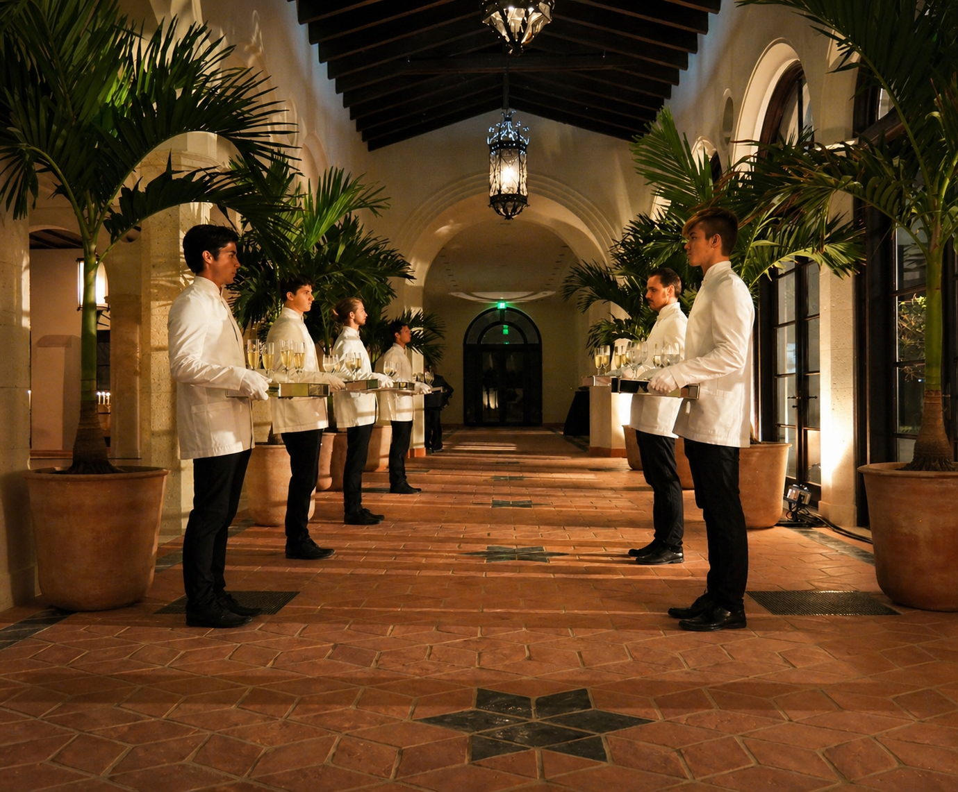 A group of waiters in white jackets and black pants standing in two lines facing each other in a luxurious hallway with large potted plants, arched windows, and a chandelier, holding trays with glasses of champagne.