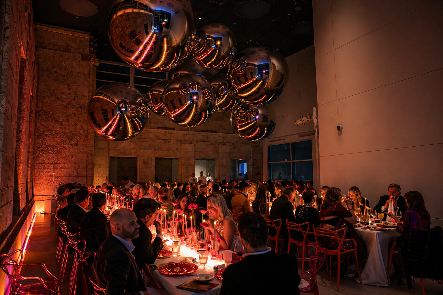 People dining at a formal event with hanging metallic balloons and candlelit tables in a warmly lit, modern banquet hall.