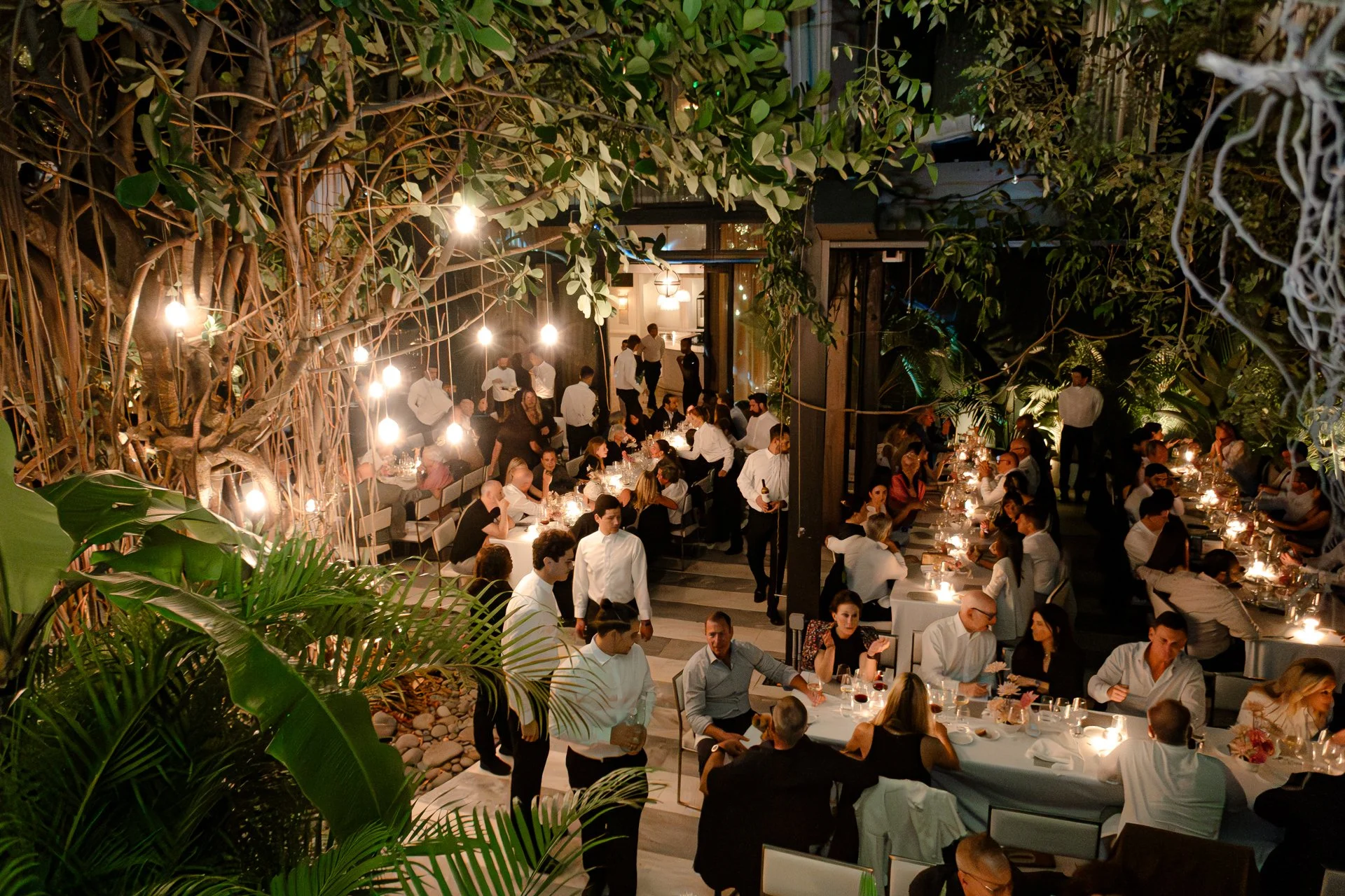 A large outdoor restaurant at night with numerous people dining and waitstaff serving. The space is decorated with hanging lights, abundant greenery, and trees.