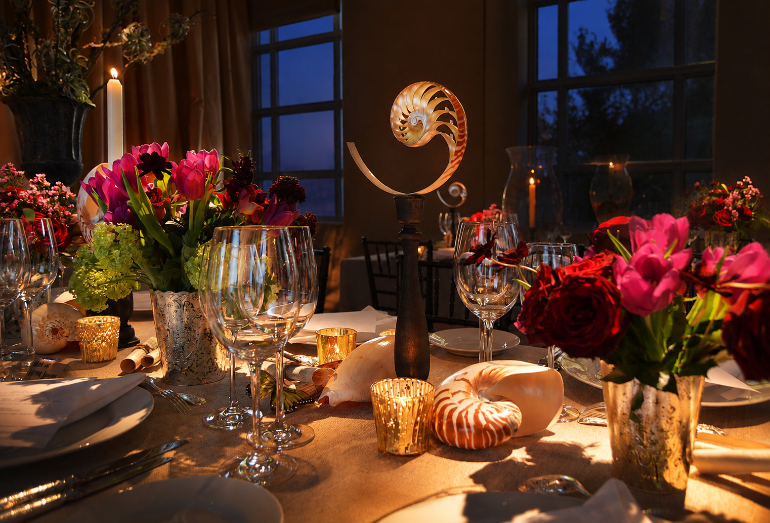 A beautifully decorated dinner table in a dimly lit room with large windows showing a dark outside. The table has colorful floral centerpieces, multiple wine glasses, candles, seashell decorations, and elegant tableware, creating a warm and inviting 