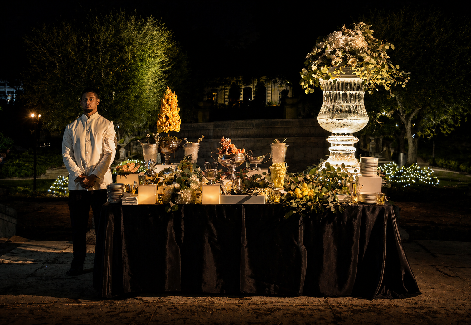 An outdoor event setup at night with a table decorated with flowers, candles, and various desserts, illuminated with soft lighting. A man in a white coat stands beside the table.