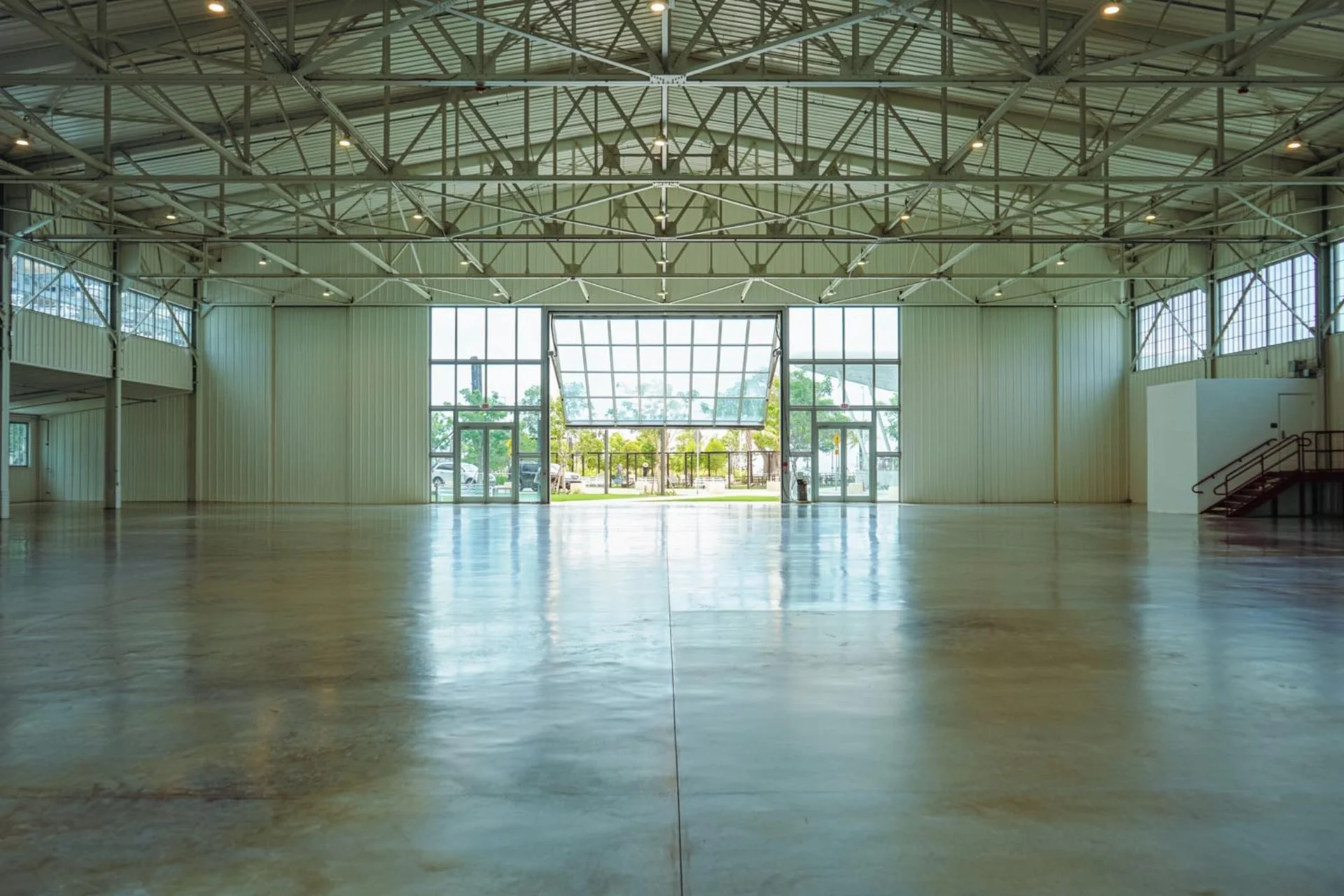 Expansive open event space inside The Hangar at Regatta Harbour.