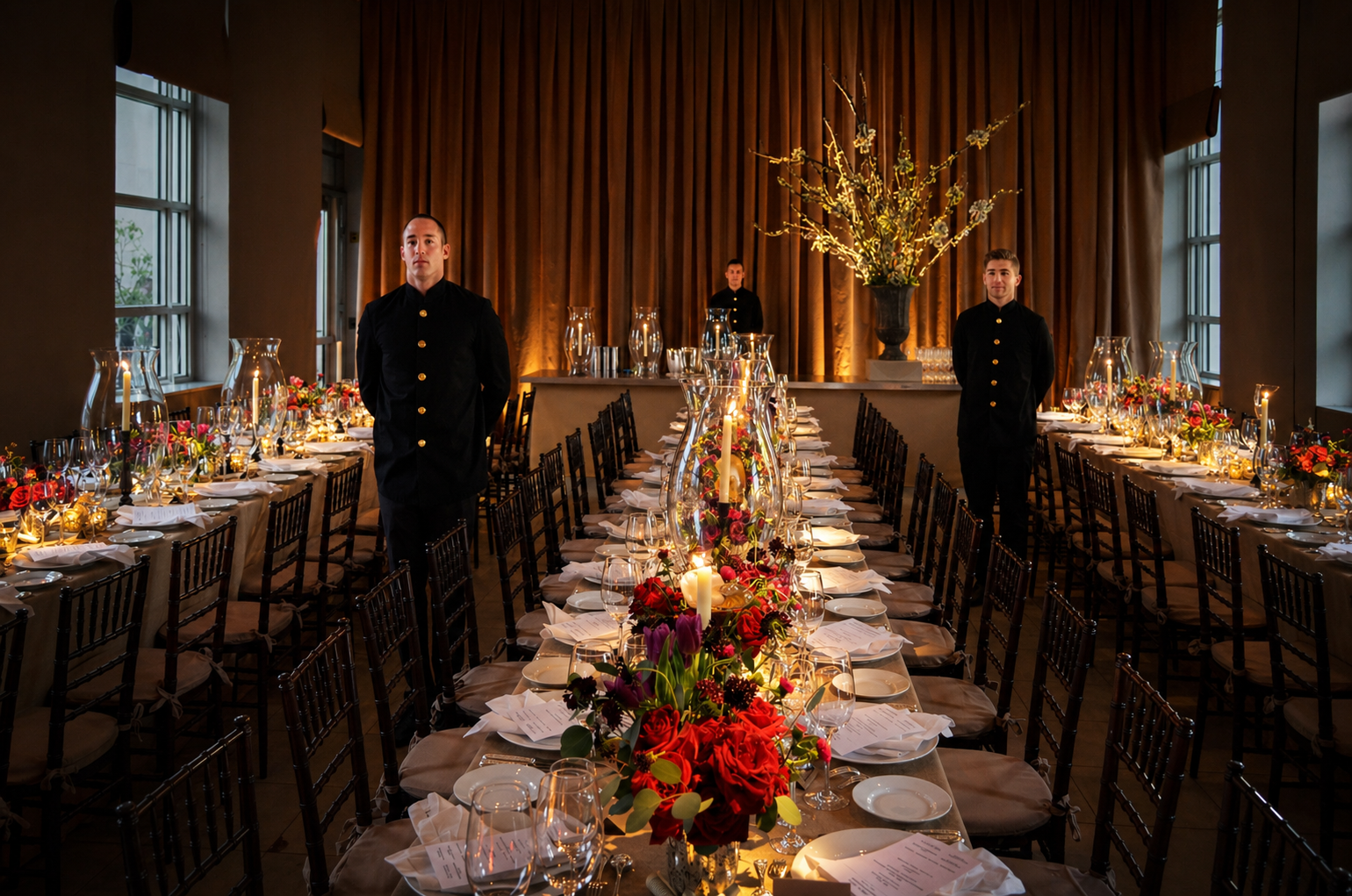 A formal dining room with long tables decorated with floral centerpieces, candles, and glassware, set for a meal, with three waiters in black uniforms standing near the tables.
