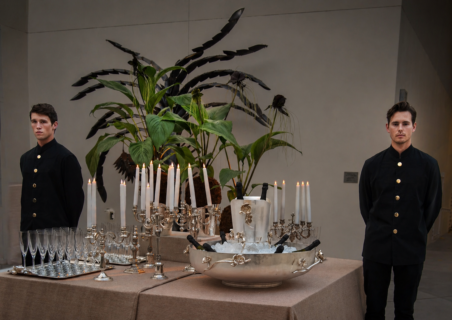 Two young men in black uniforms standing on either side of a table with candelabras, candles, and a large plant, in an indoor setting.