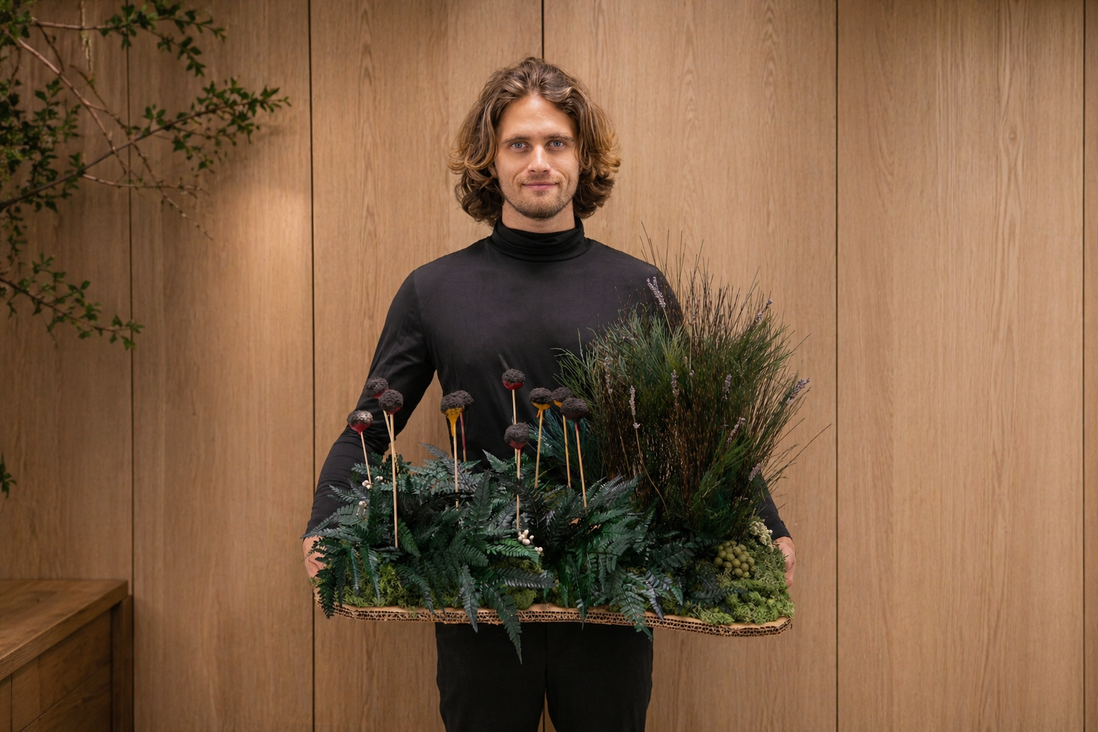 A man with shoulder-length wavy hair wearing a black turtleneck, holding a large decorated rectangular tray with greenery, berries, and tall floral arrangements.
