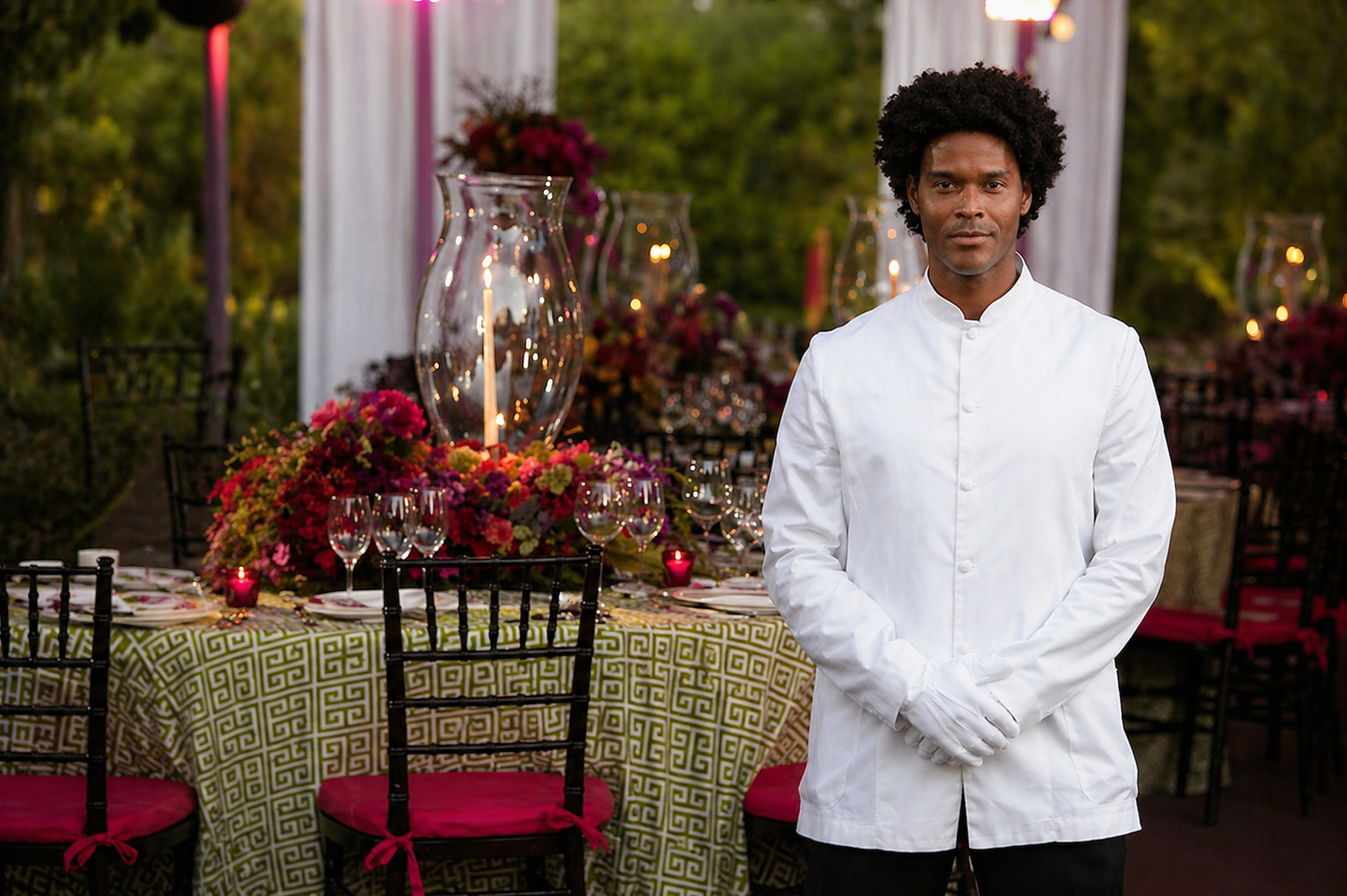 A chef in a white chef's coat standing in front of an elegantly decorated outdoor dinner table with floral arrangements and candlelight.