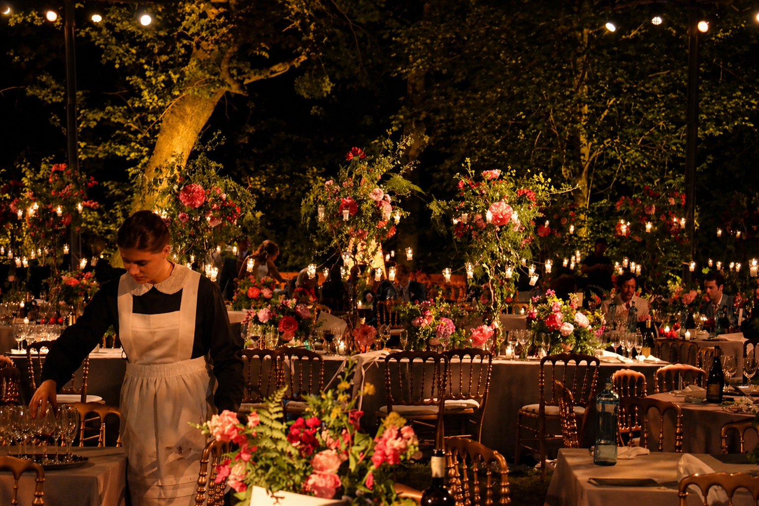 An outdoor dining event at night with tables decorated with pink and red flowers, surrounded by string lights and lanterns, with a woman in a black dress and apron setting the table.