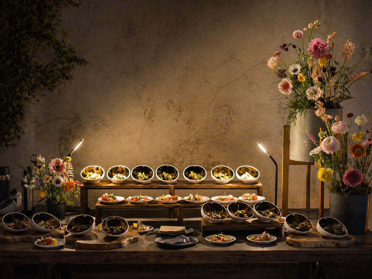 A display of plated dishes and bowls of food on wooden stands, surrounded by floral arrangements, with warm lighting against a textured wall.