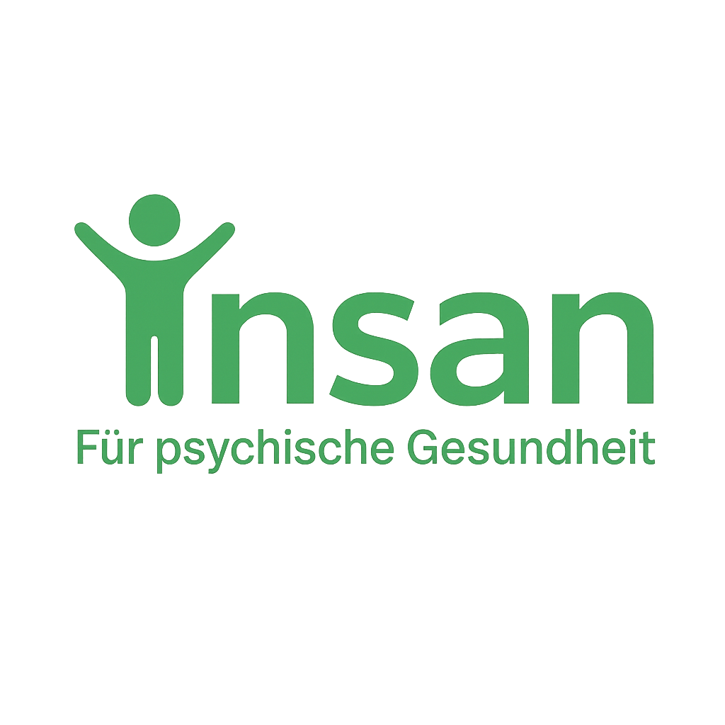 Logo von Insan mit einem grünen menschlichen Symbol und dem Text "Insan" und "Für psychische Gesundheit" auf schwarzem Hintergrund.