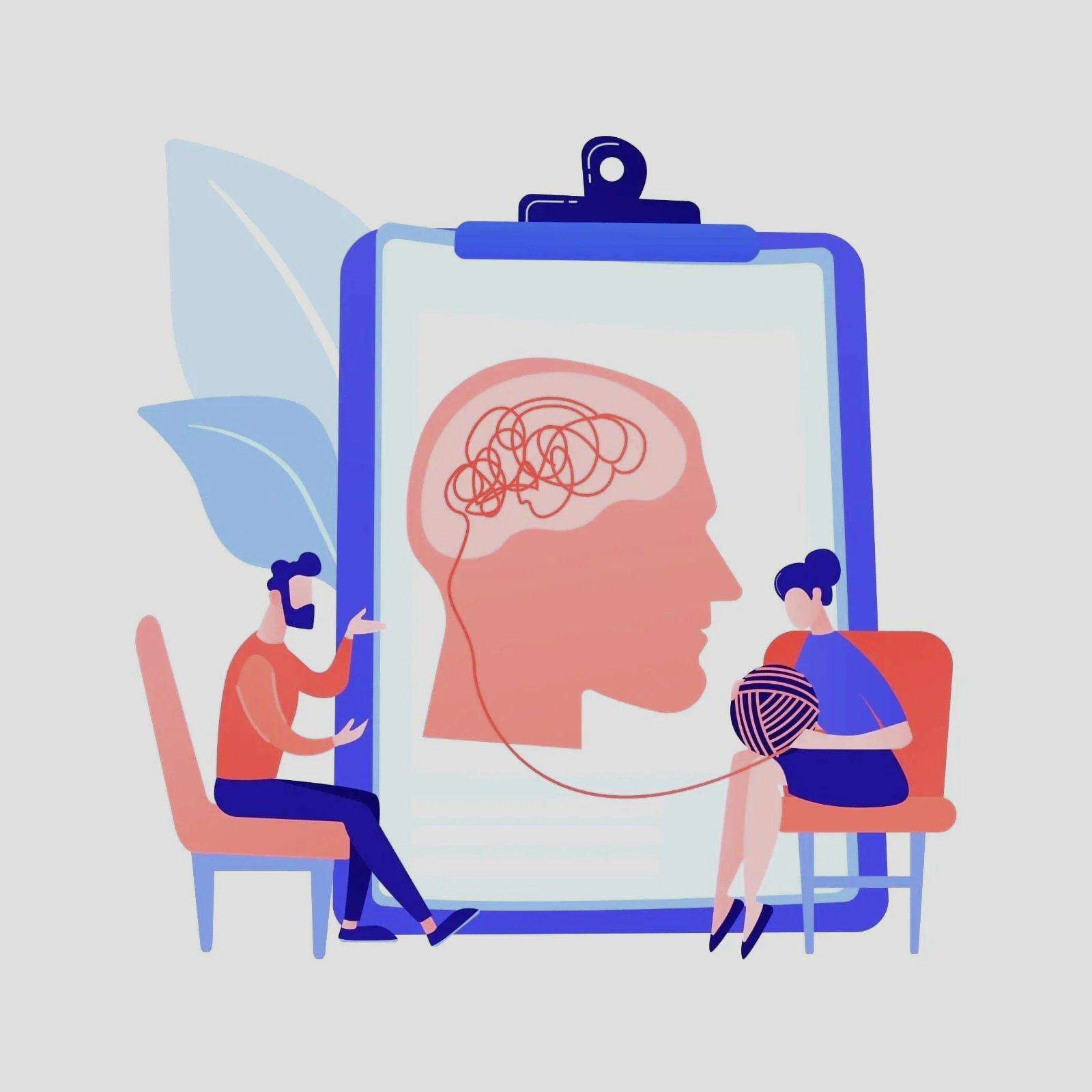 Illustration einer Therapie-Sitzung mit zwei Personen, einem Mann und einer Frau, die an einem头schirm mit Gehirnbild arbeiten.