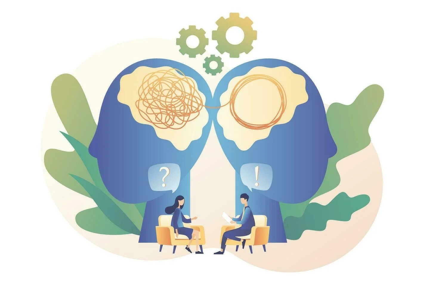 Illustration von zwei Menschen im Gespräch mit verbundenen Silhouetten ihrer Köpfe, die komplexe Gehirnstrukturen und Zahnräder enthalten, symbolisiert Kommunikation und mentale Prozesse.