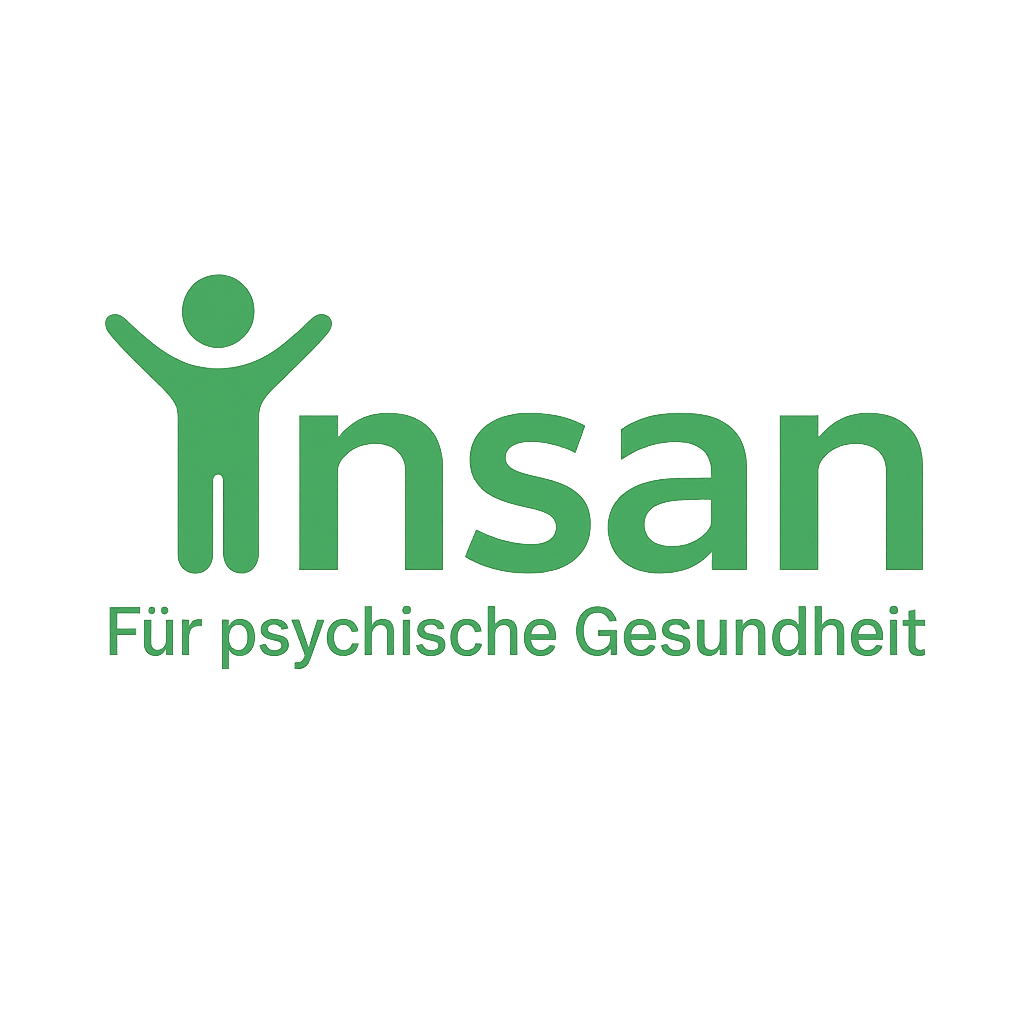 Logo von Insan, bestehend aus einem stilisierten grünen Menschen mit erhobenen Armen und dem Text 'Insan Für psychische Gesundheit' in grüner Schrift auf schwarzem Hintergrund.