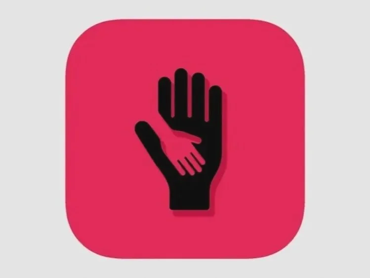 Ein Symbol mit einer roten Hintergrundfläche, dargestellt durch eine große schwarze Hand, in der ein kleinerer schwarzer Handabdruck liegt.