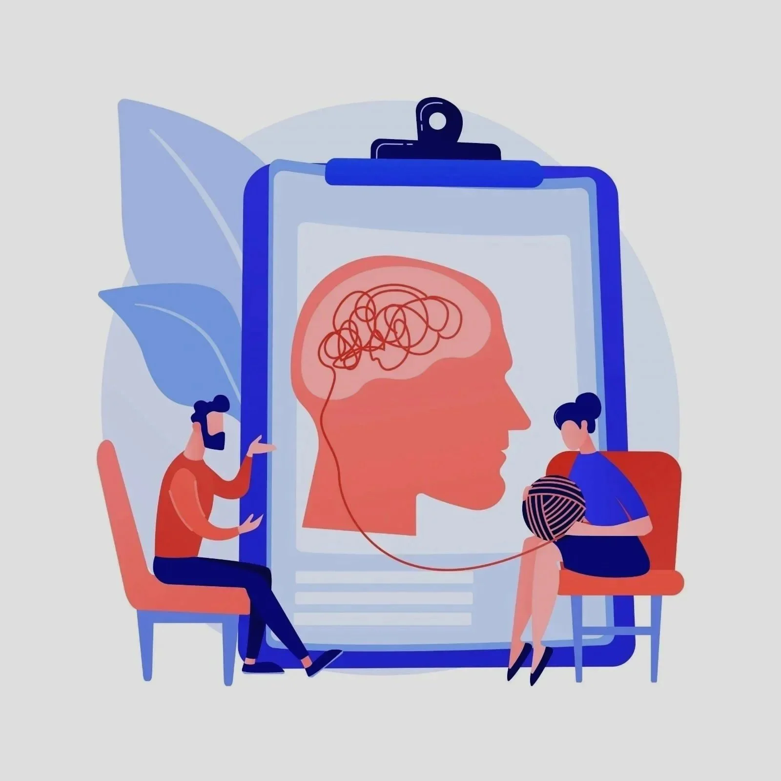 Illustration einer Therapiesitzung, bei der ein Patient mit einem Kopfverband in einen Therapieraum sitzt, während ein Therapeut mit einer großen Klemmbrett und eine große Darstellung eines Kopfs mit einem chaotischen Gehirn im Hintergrund spricht.