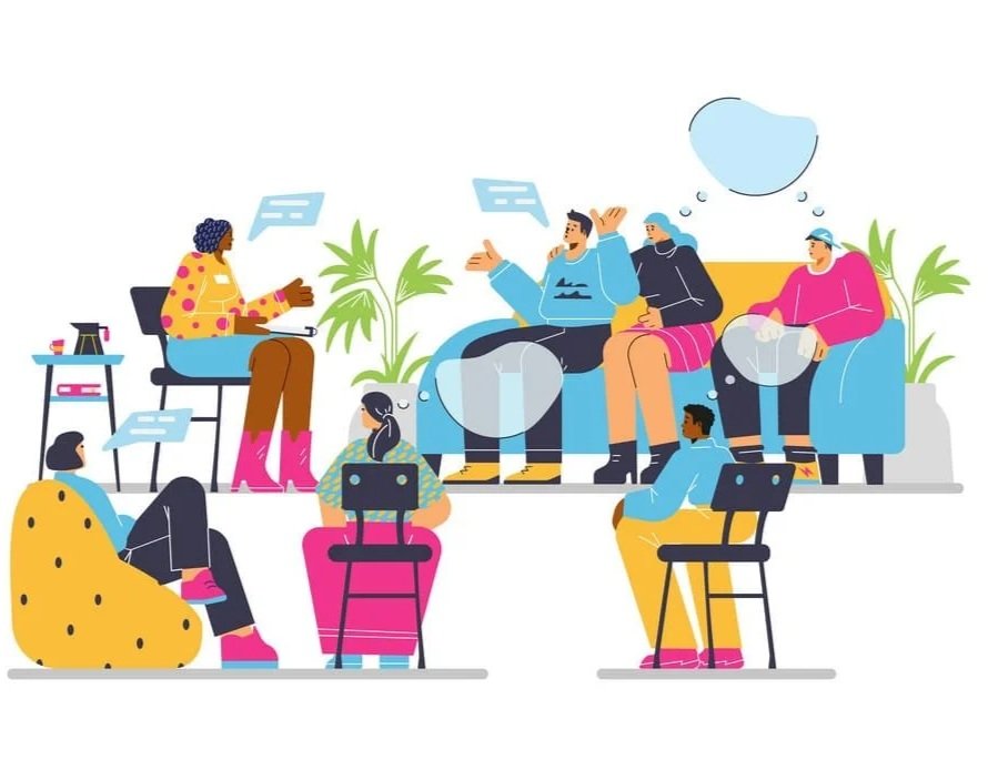 Zeichnung von fünf Menschen, die in einer Gruppe sitzen und sich unterhalten, mit einer Moderatorin vor einem weißen Hintergrund