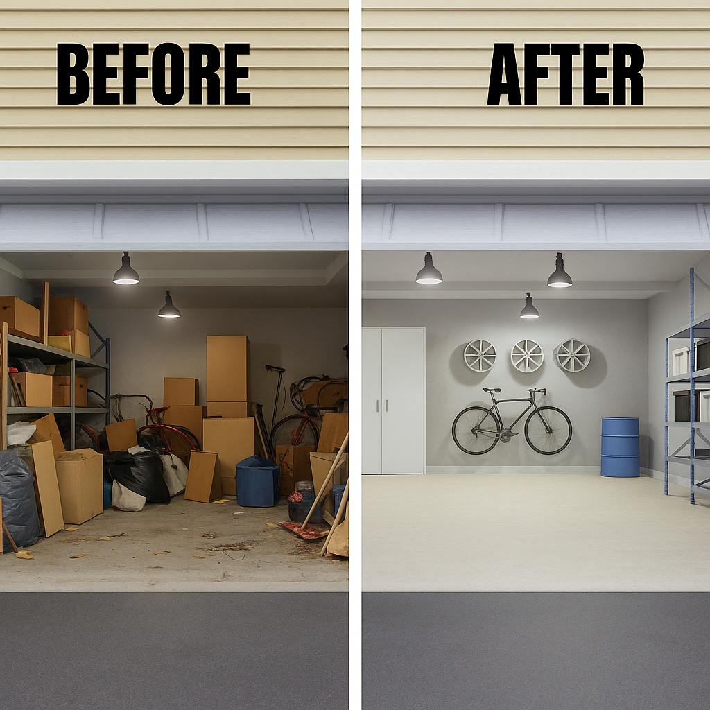Side-by-side comparison of a garage before and after cleaning and organization.