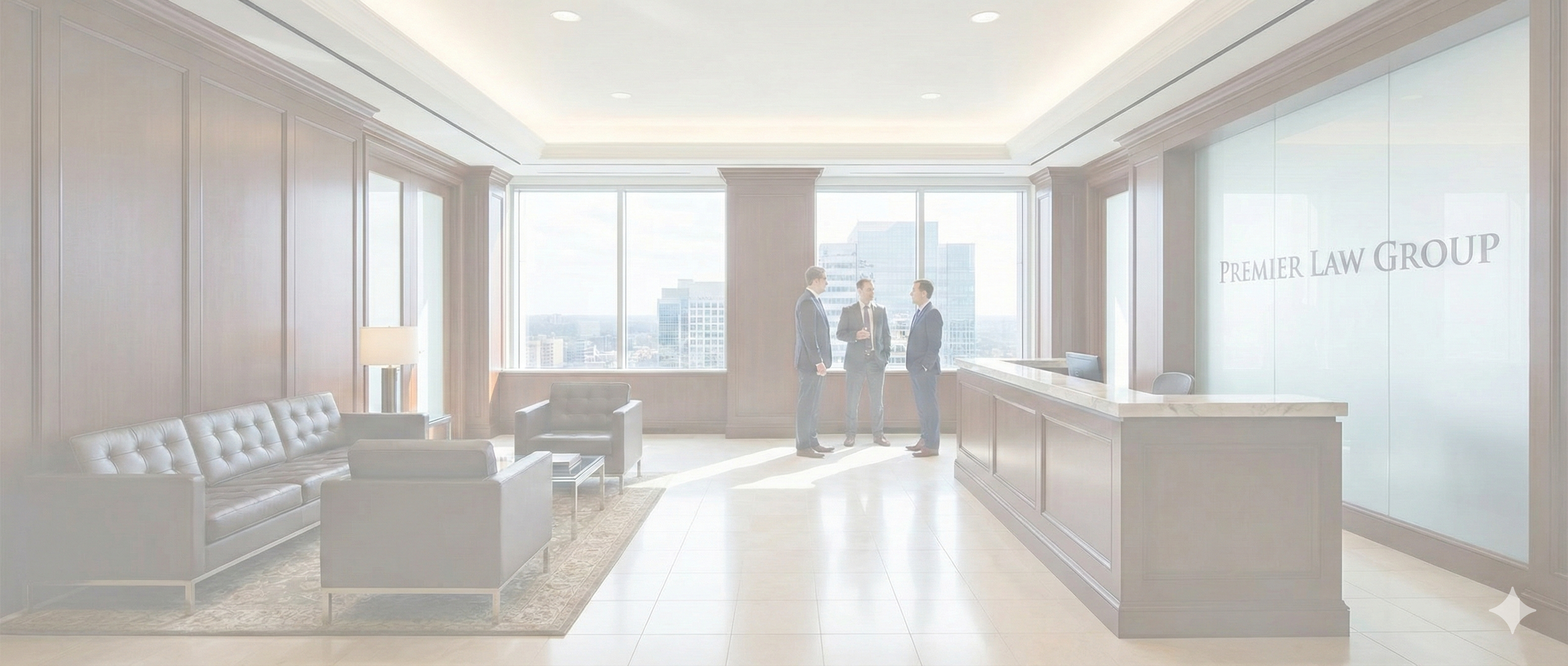 Modern law office reception area with three men in suits talking, large windows showing city skyline, reception desk, leather couches, and soft lighting.
