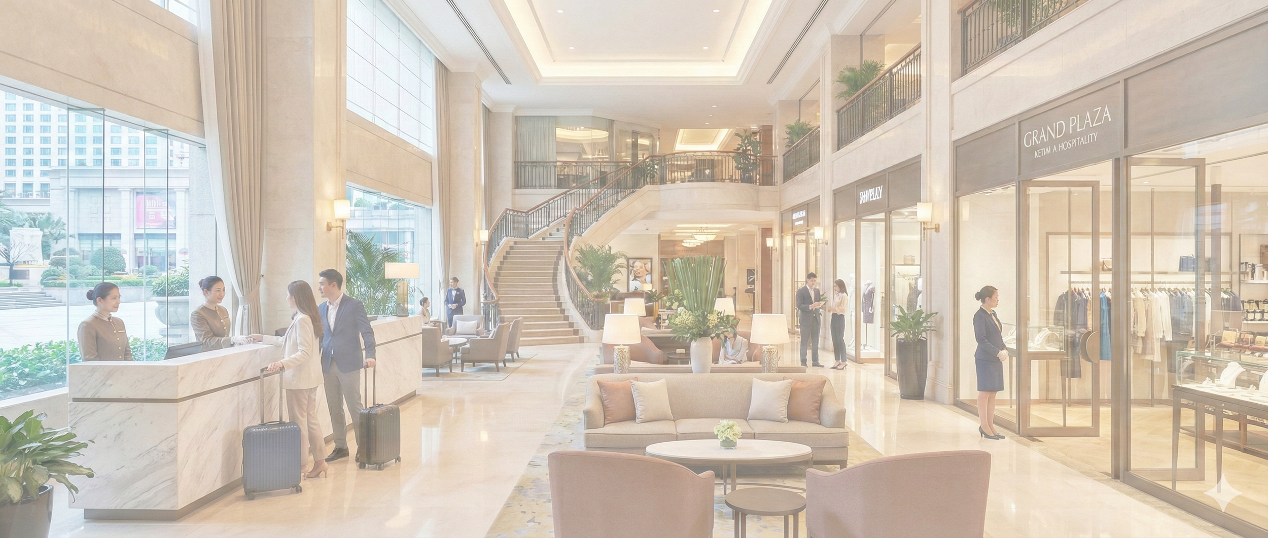 Hotel lobby with reception desk, palm plants, seating area, glass storefronts, staircase, and guests checking in or browsing.