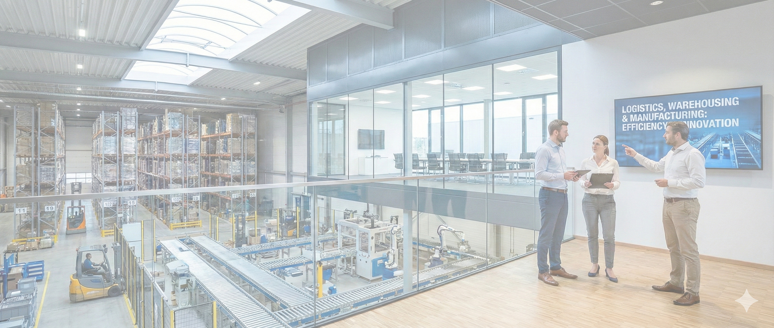 Three business professionals having a discussion in a modern warehouse office space, with a large digital display behind them showing logistics, warehousing, and manufacturing topics, overlooking a warehouse filled with shelves, forklifts, and robotic equipment.