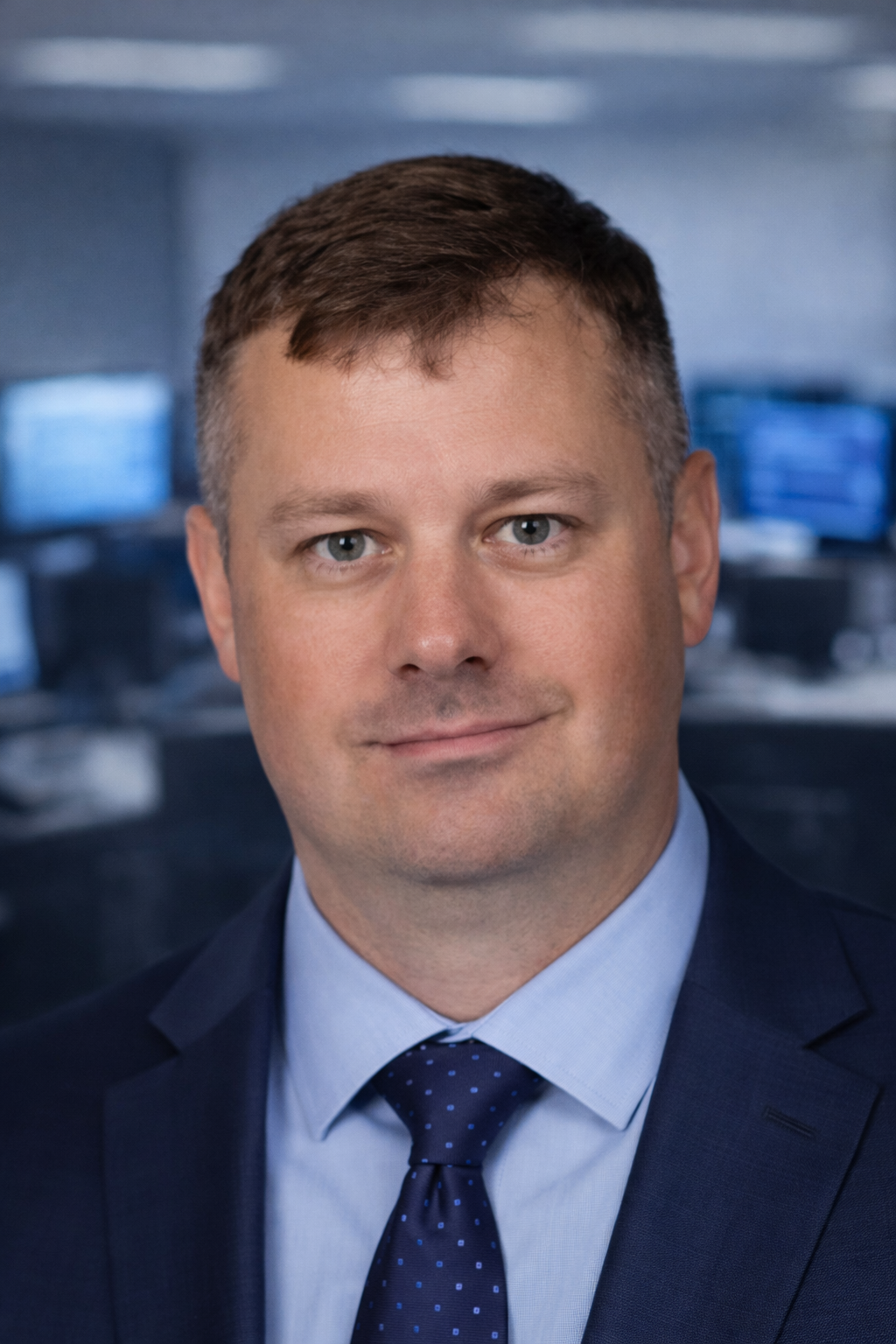 A professional man with short brown hair and blue eyes wearing a dark blue suit, light blue shirt, and navy dotted tie, smiling slightly in an office setting with blurred computer screens in the background.