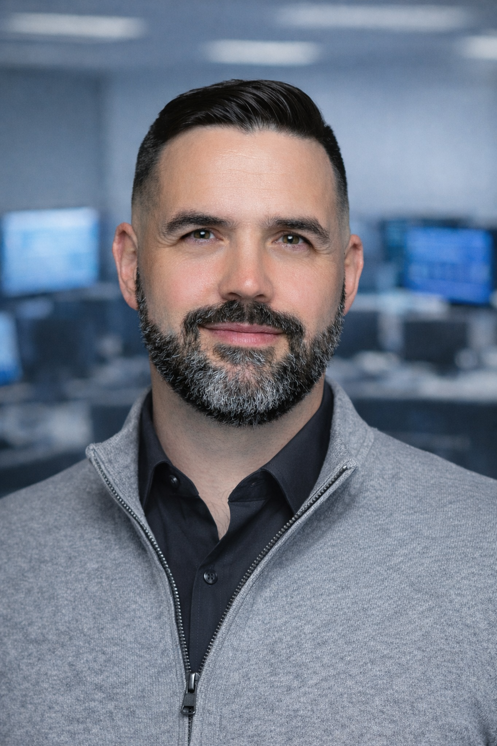 A man with dark hair and a beard, wearing a gray zip-up sweater over a black collared shirt, standing in an office environment.