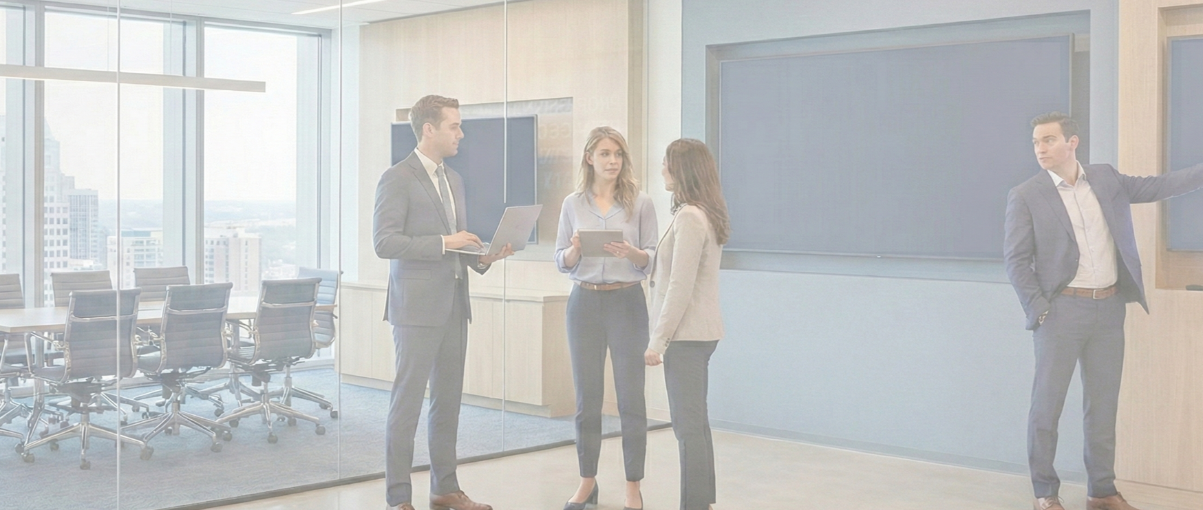 Four business professionals, two men and two women, engaged in a discussion in a modern conference room with city views, large glass walls, and empty office chairs.