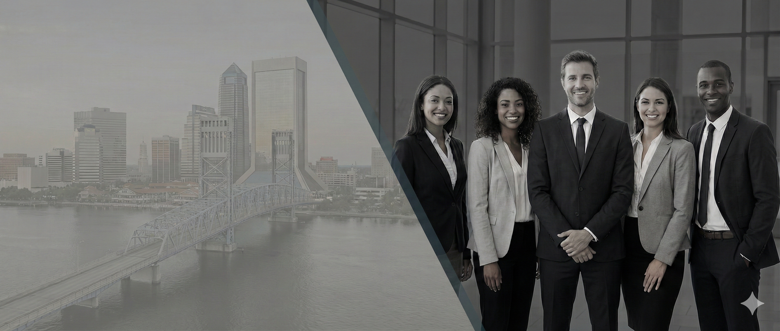 A professional group of five people, three women and two men, dressed in business attire, standing together indoors with a cityscape of skyscrapers and a bridge over a river in the background.