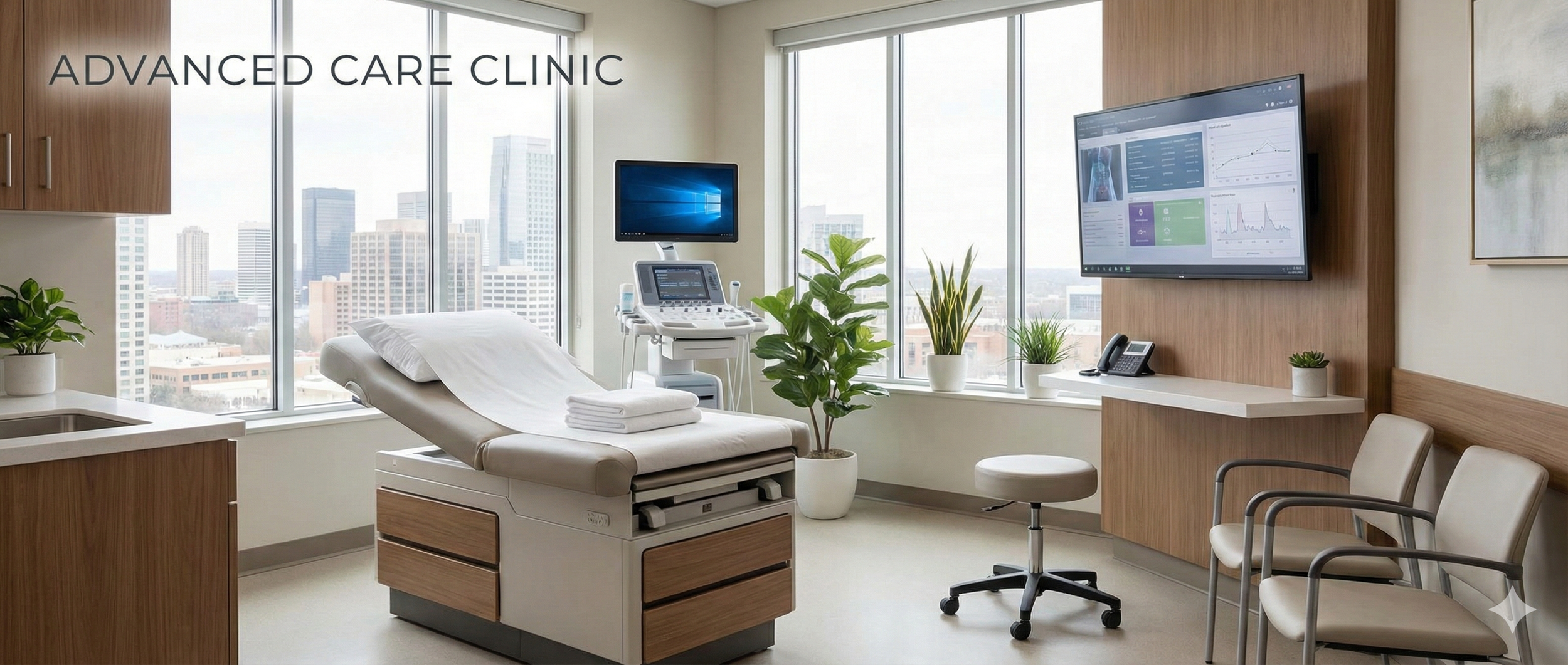 Modern medical examination room with an examination table, medical equipment, a large wall-mounted monitor, a window with a city view, and seating area with chairs and plants.